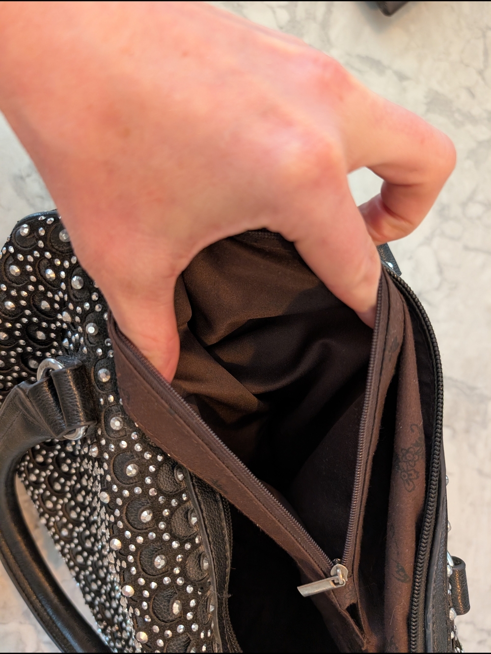 Rhinestone Studded Embellished Black Satchel Bag - Designer Style - Picture 5 of 9